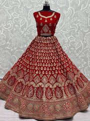 Gorgeous Scarlette Red Mutli-thread Embroidered Velvet Bridal Lehenga Choli