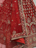Gorgeous Scarlette Red Mutli-thread Embroidered Velvet Bridal Lehenga Choli