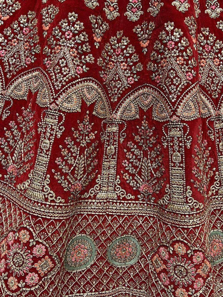 Gorgeous Scarlette Red Mutli-thread Embroidered Velvet Bridal Lehenga Choli