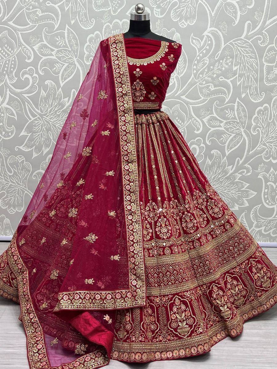 Maroon velvet lehenga choli with gold embroidery and sheer dupatta, Indian ethnic wear