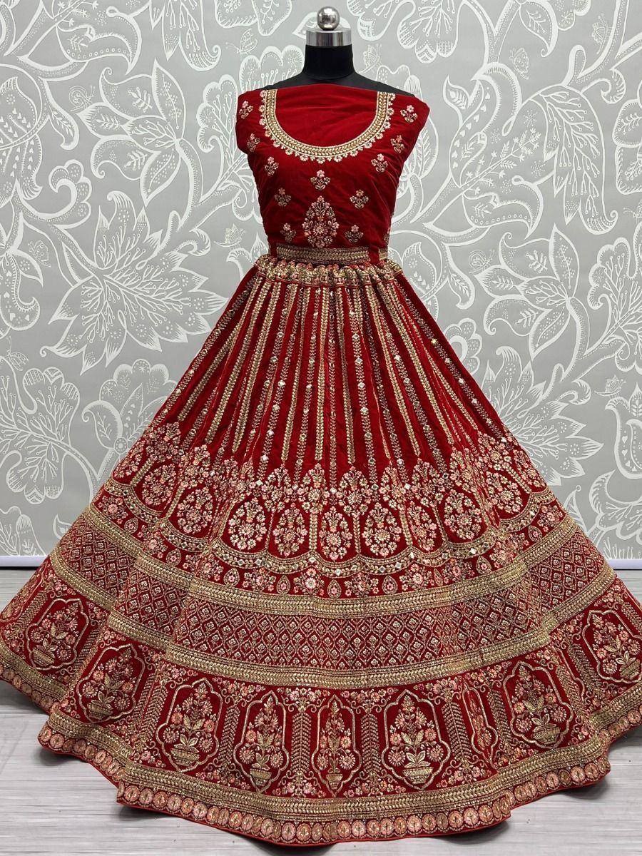 Red velvet lehenga choli with gold embroidery, Indian ethnic wear for weddings and festivals
