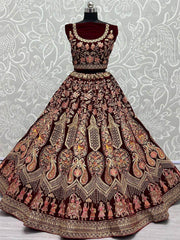 Tremendous Maroon Zari Embroidered Velvet Bridal Lehenga Choli