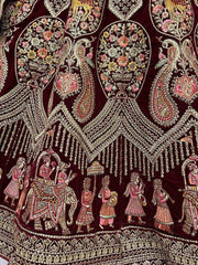 Tremendous Maroon Zari Embroidered Velvet Bridal Lehenga Choli