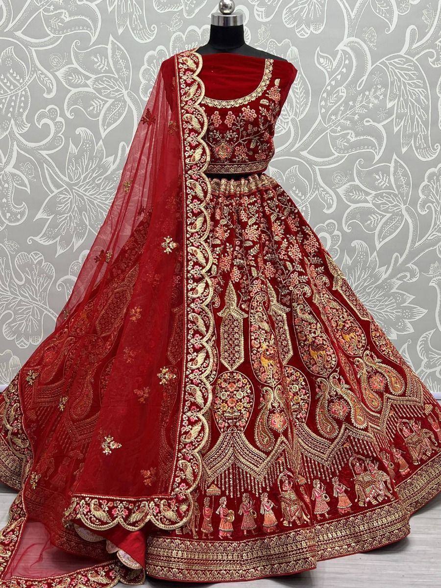 Red velvet lehenga choli with gold embroidery and sheer dupatta, Indian ethnic wear for weddings