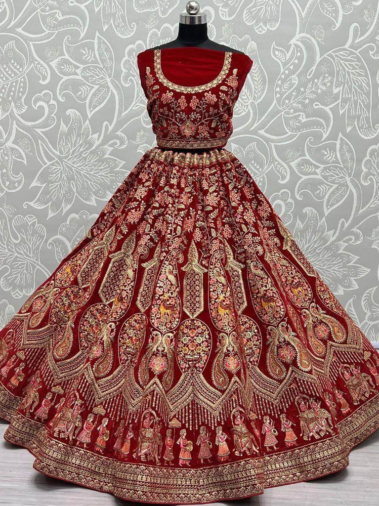 Remarkable Scarlet Red Zari Embroidery Velvet Bridal Lehenga Choli