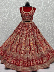 Remarkable Scarlet Red Zari Embroidery Velvet Bridal Lehenga Choli