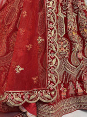 Remarkable Scarlet Red Zari Embroidery Velvet Bridal Lehenga Choli