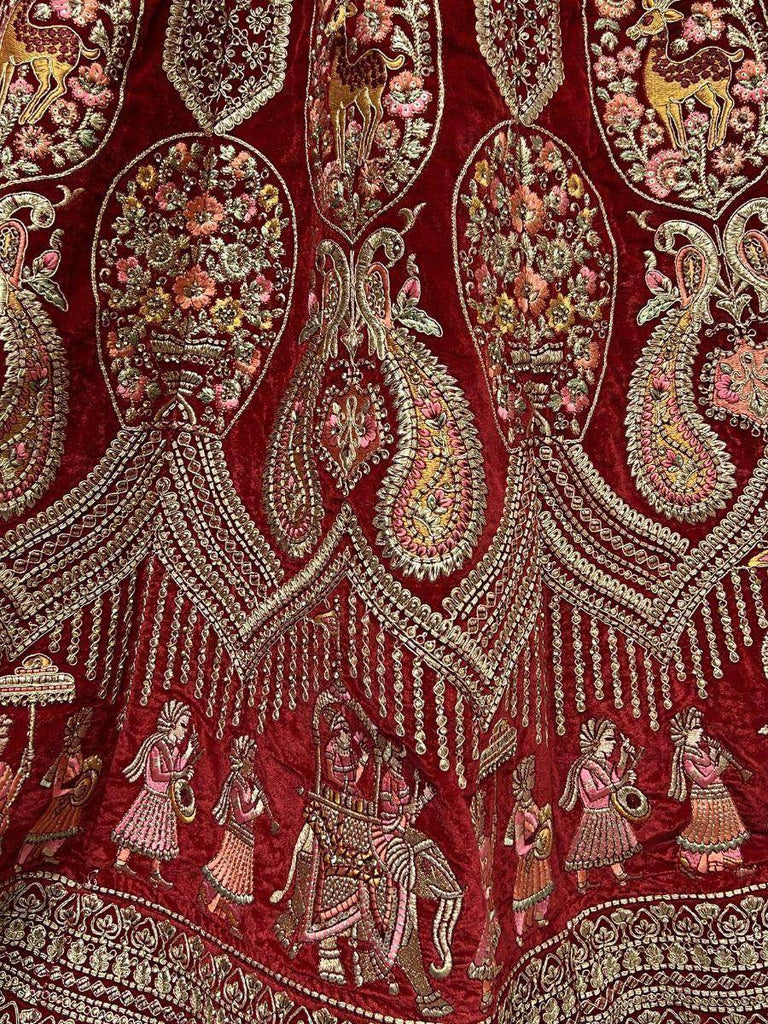 Remarkable Scarlet Red Zari Embroidery Velvet Bridal Lehenga Choli