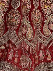 Remarkable Scarlet Red Zari Embroidery Velvet Bridal Lehenga Choli