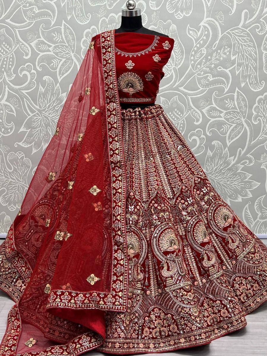 Red embroidered lehenga choli with peacock motifs and matching dupatta, Indian ethnic wear
