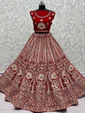 Impressive Red Multi-thread Embroidery Velvet Bridal Lehenga Choli