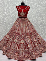Impressive Red Multi-thread Embroidery Velvet Bridal Lehenga Choli
