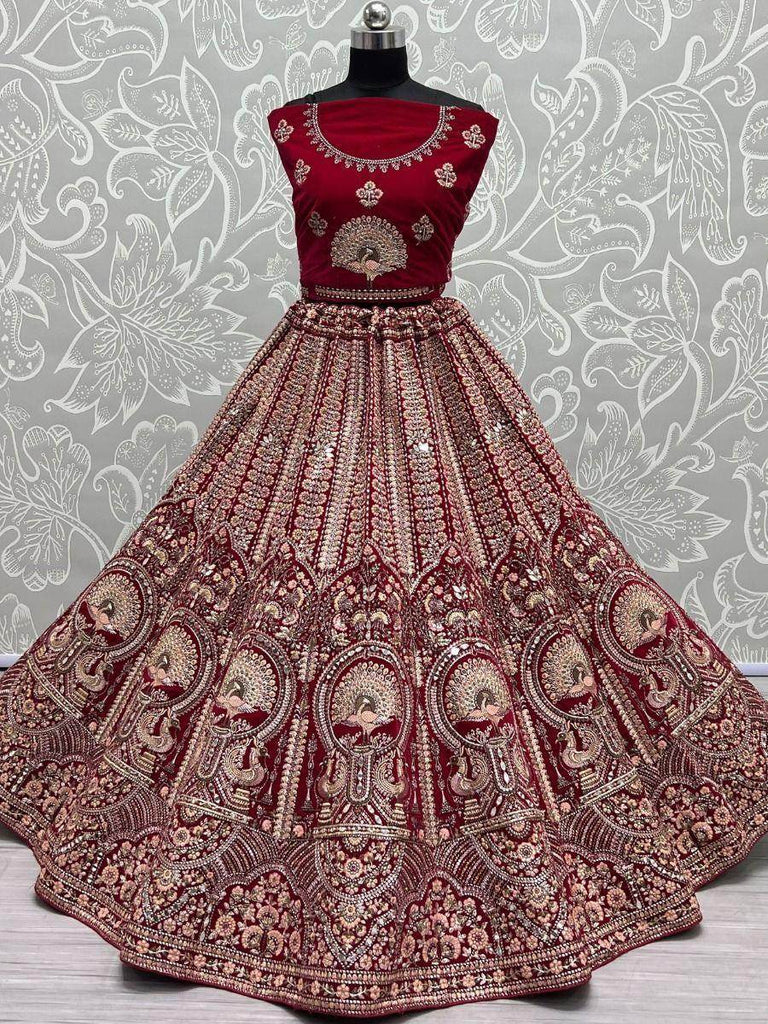 Imposing Pink Multi-thread Embroidery Velvet Bridal Lehenga Choli
