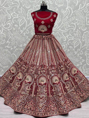 Imposing Pink Multi-thread Embroidery Velvet Bridal Lehenga Choli