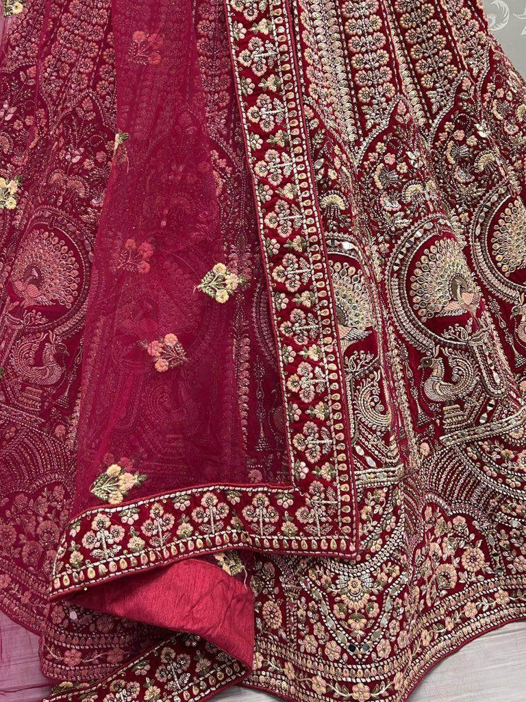 Imposing Pink Multi-thread Embroidery Velvet Bridal Lehenga Choli