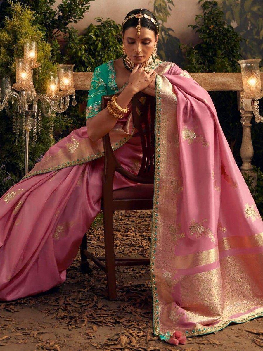 Elegant pink and teal designer saree with gold embroidery, perfect for Indian ethnic occasions