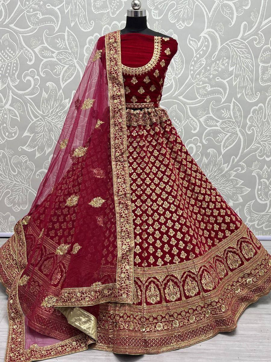 Maroon velvet lehenga choli with gold embroidery, designer Indian ethnic wear for weddings