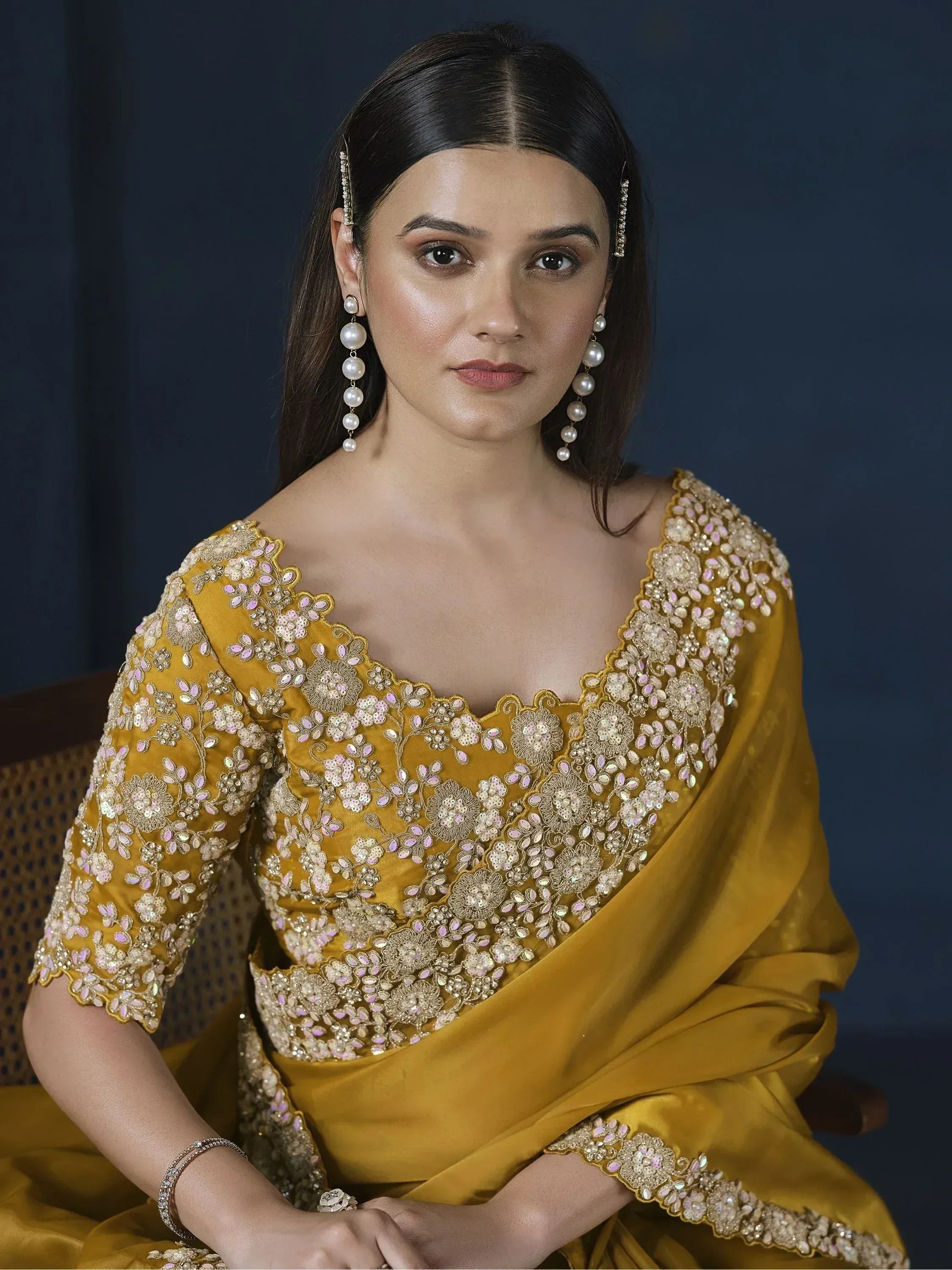 Mustard yellow embroidered saree with floral sequin work, perfect for Indian ethnic wear occasions