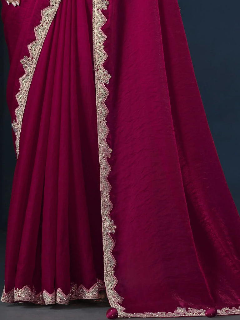 Pretty Rani Pink Embroidered Satin Silk Wedding Wear Saree With Blouse