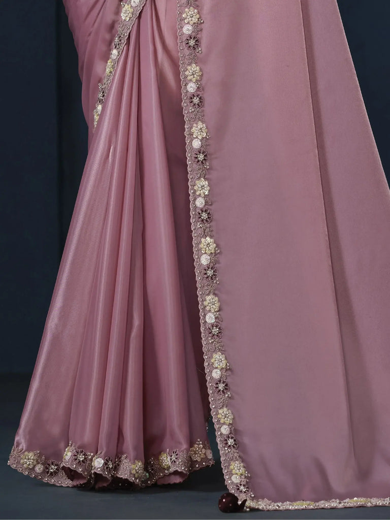Adorable Mauve Heavy Border Work Satin Silk Reception Wear Saree