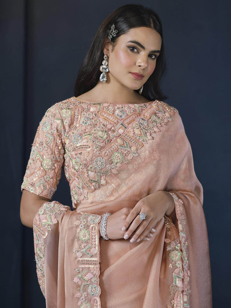Enchanting Peach Embroidered Tissue Function Wear Saree With Blouse