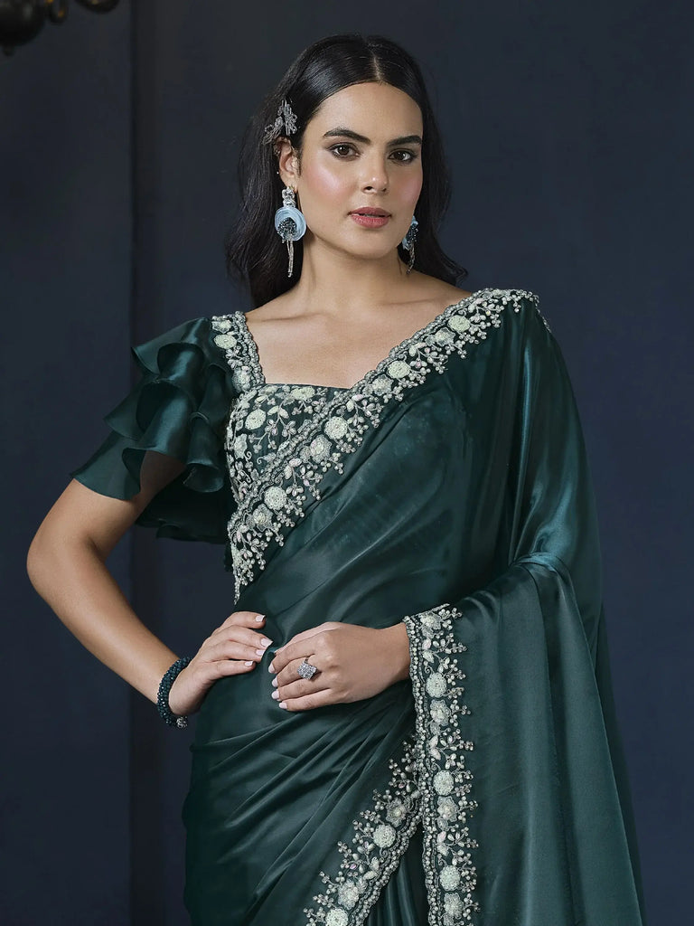 Gorgeous Teal Green Sequins Satin Silk Event Wear Saree With Blouse