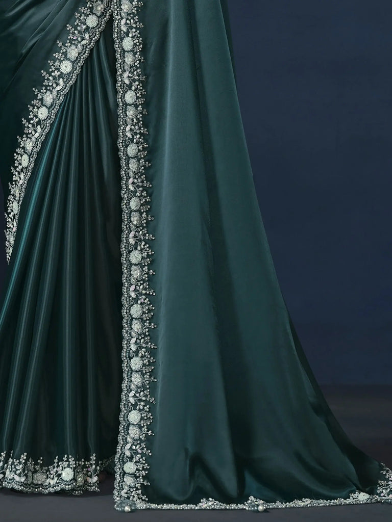 Gorgeous Teal Green Sequins Satin Silk Event Wear Saree With Blouse