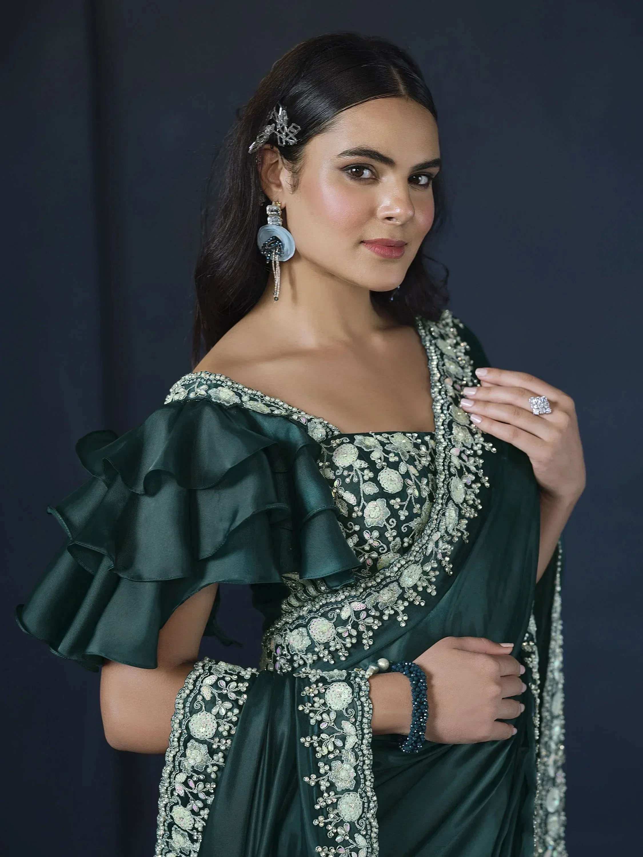 Gorgeous Teal Green Sequins Satin Silk Event Wear Saree With Blouse