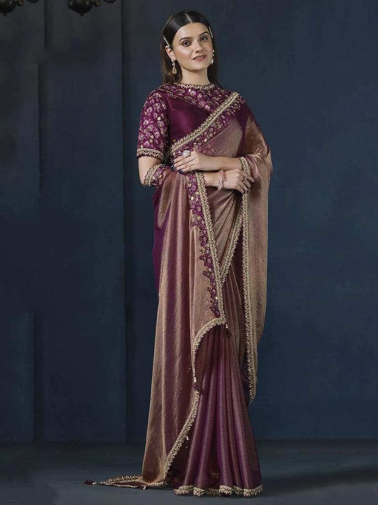 Stunning Purple Embroidered Satin Silk Party Wear Saree With Blouse