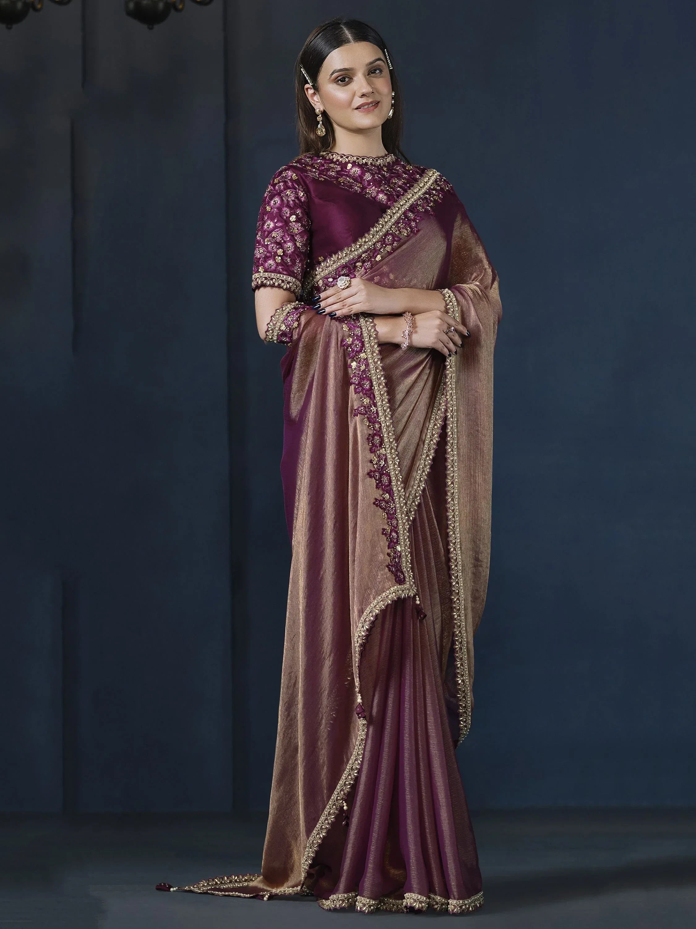 Stunning Purple Embroidered Satin Silk Party Wear Saree With Blouse