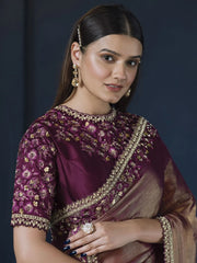 Stunning Purple Embroidered Satin Silk Party Wear Saree With Blouse