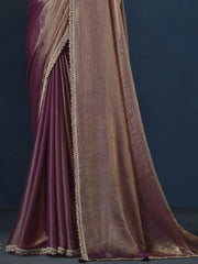 Stunning Purple Embroidered Satin Silk Party Wear Saree With Blouse