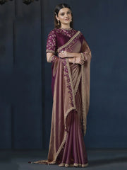 Stunning Purple Embroidered Satin Silk Party Wear Saree With Blouse
