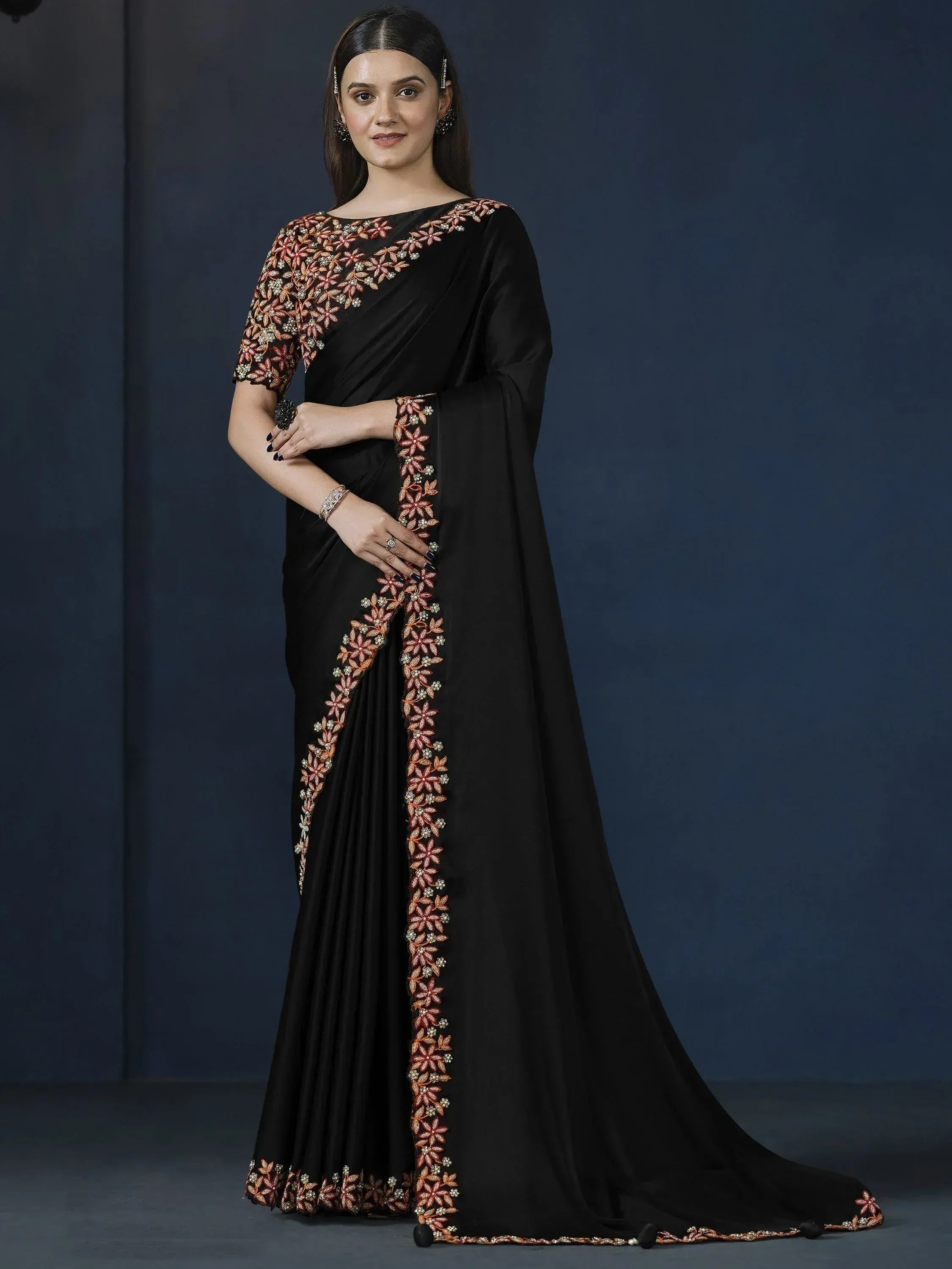 Black saree with floral embroidery, ethnic wear for women, designer Indian saree