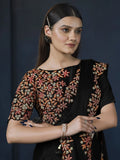 Amazing Black Heavy Embroidery Satin Silk Event Wear Saree With Blouse