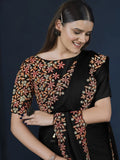 Amazing Black Heavy Embroidery Satin Silk Event Wear Saree With Blouse