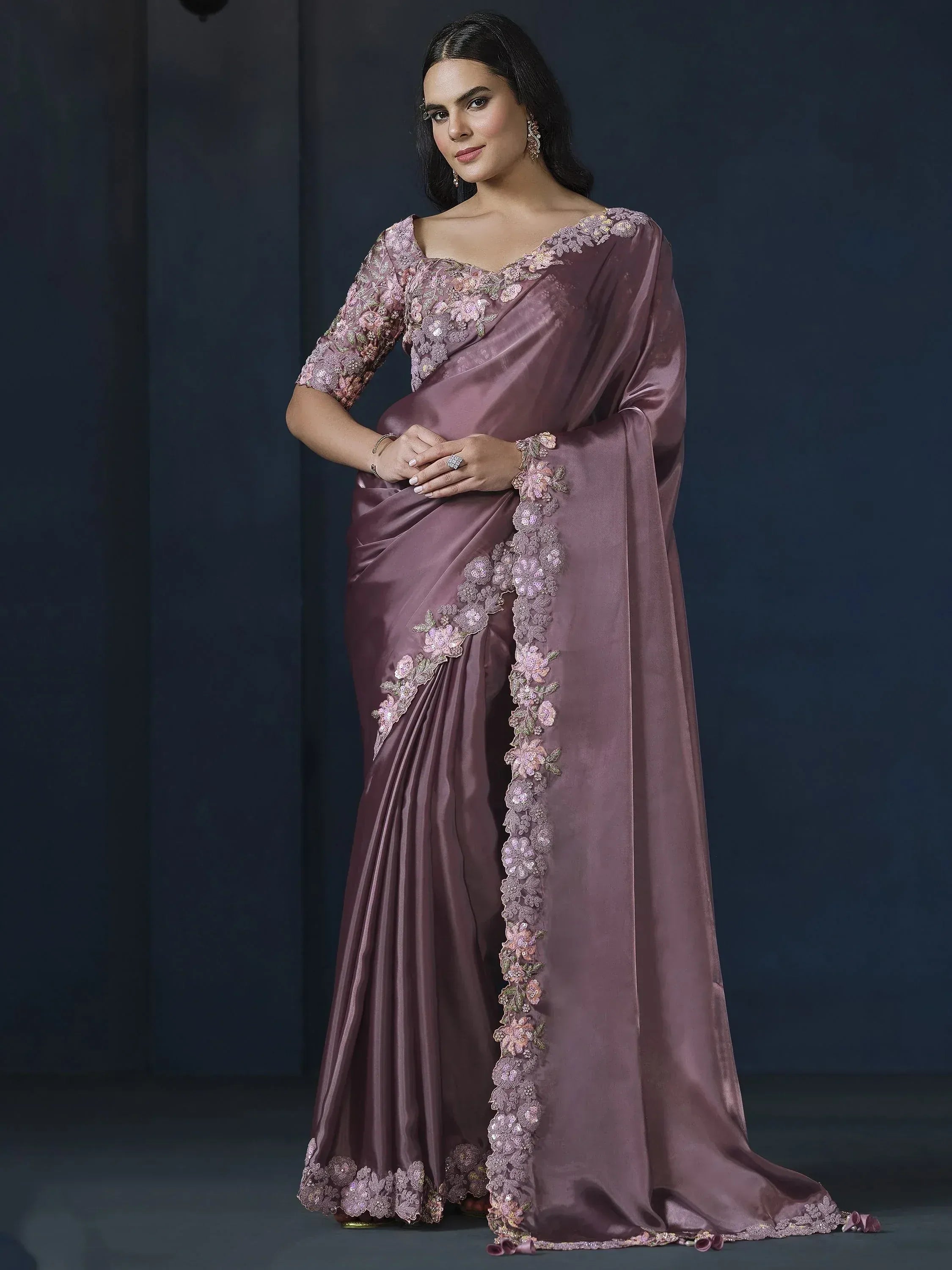 Gorgeous Mauve Heavy Border Work Satin Silk Engagement Wear Saree