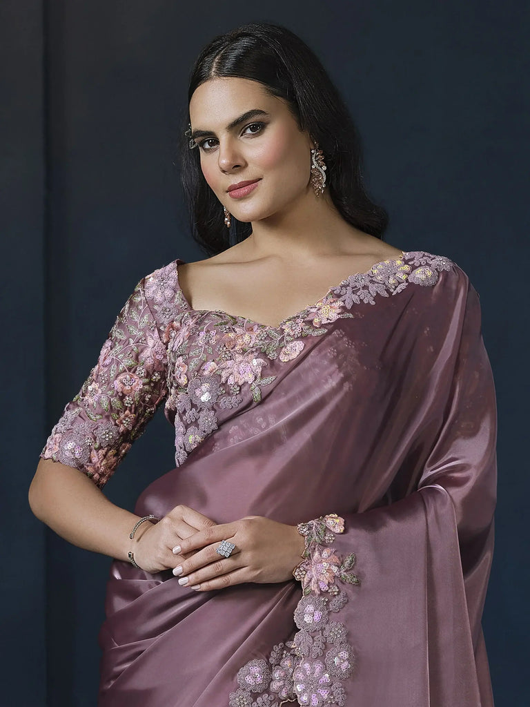 Gorgeous Mauve Heavy Border Work Satin Silk Engagement Wear Saree