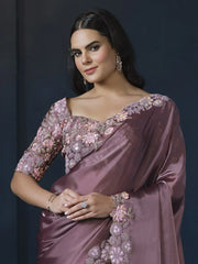 Gorgeous Mauve Heavy Border Work Satin Silk Engagement Wear Saree