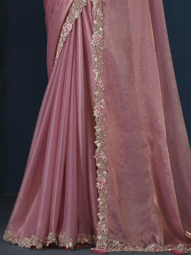 Ravishing Peach Heavy Embroidery Work Chiffon Reception Wear Saree