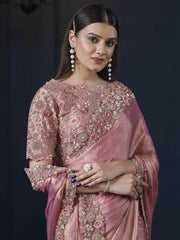 Ravishing Peach Heavy Embroidery Work Chiffon Reception Wear Saree