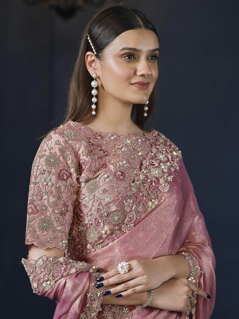 Ravishing Peach Heavy Embroidery Work Chiffon Reception Wear Saree