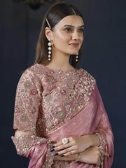 Ravishing Peach Heavy Embroidery Work Chiffon Reception Wear Saree