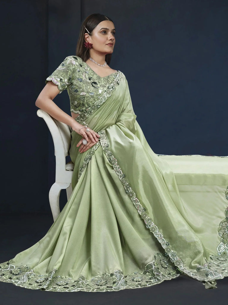 Exquisite Pista Green Sequins Tussar Silk Event Wear Saree With Blouse