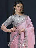Marvelous Light Pink Heavy Embroidery Satin Silk Wedding Wear Saree