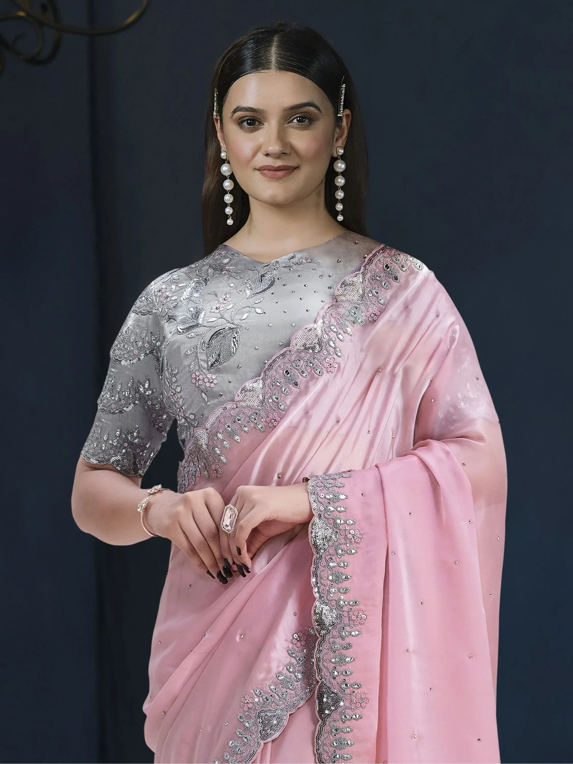 Pink and silver embroidered saree with floral sequin work, perfect for Indian ethnic occasions