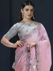 Marvelous Light Pink Heavy Embroidery Satin Silk Wedding Wear Saree