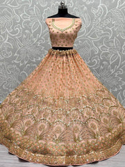 Glamorous Peach Sequined Embroiderey Net Reception Wear Lehenga Choli