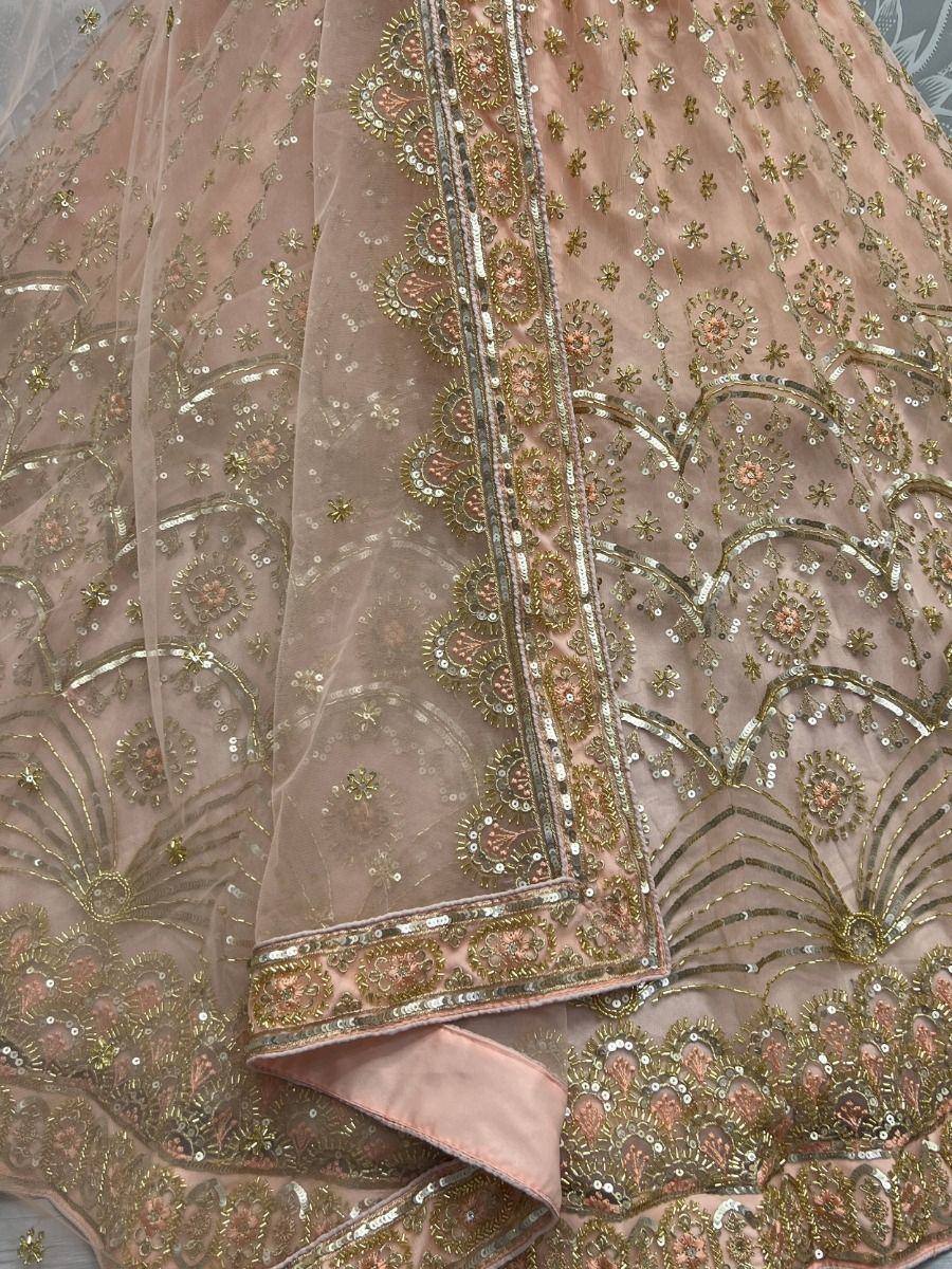 Pink designer lehenga with gold embroidery and sequin work, ethnic Indian wear