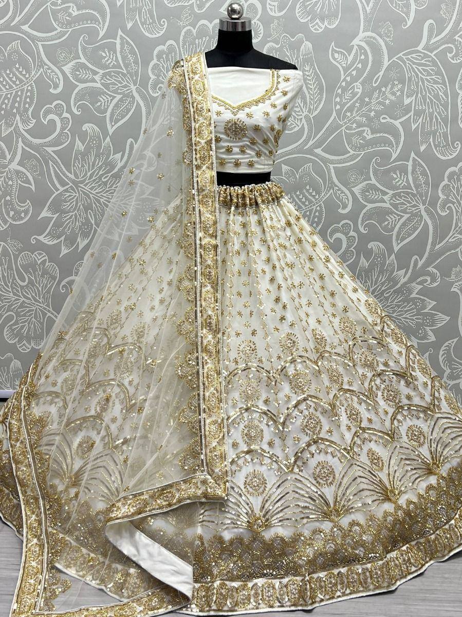 White and gold embroidered lehenga choli with dupatta, designer ethnic wear for weddings and parties